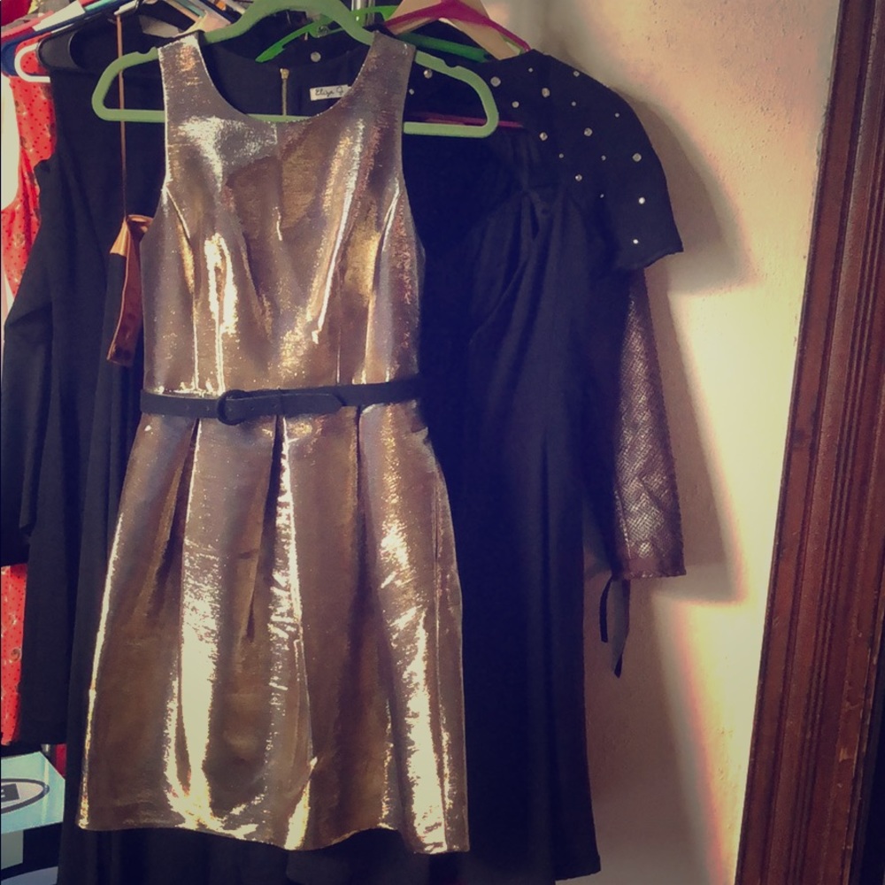 Glittery gold belted party dress - very flattering